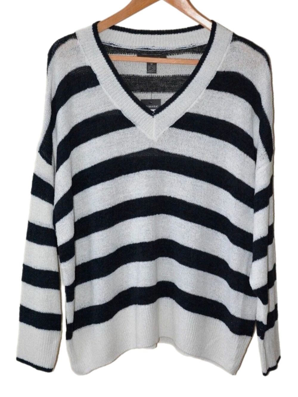 Philosophy Black & White Striped V-Neck Loose Knit Lightweight Sweater Sz M